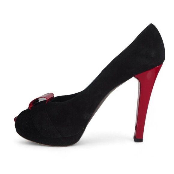 Stuart Weitzman Suede Peep Toe Heels Black / Red Women's 9N (Narrow) - Picture 6 of 12